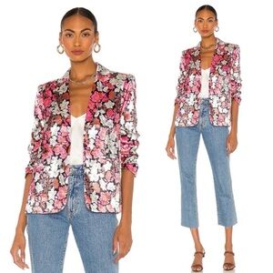 Cinq à Sept Kylie Blazer Floral Carnation Print Satin Pink Black White Sz 0